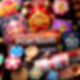 A collage of popular mobile casino games, featuring elements from Pop!slots, MyVegas, and MyKonami, with vibrant graphics of chips and bonuses.