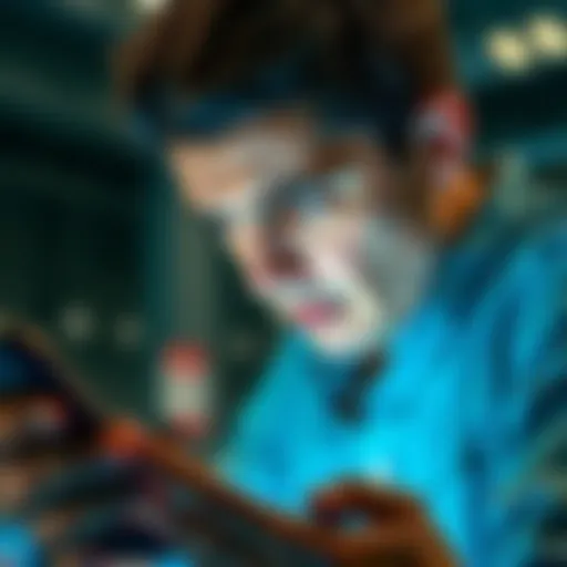 A person frustrated with mobile data connectivity, looking at a smartphone with a loading symbol on the screen.