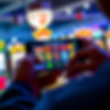 Mobile device displaying online pokies A person playing online pokies on a smartphone, showing colorful game graphics and a user-friendly interface