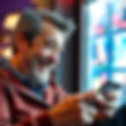 A former gambler smiling while playing a mobile game on their phone, showing enjoyment and relief.