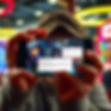 A frustrated person looking at a mobile device with gambling app, showing error messages related to regional restrictions.