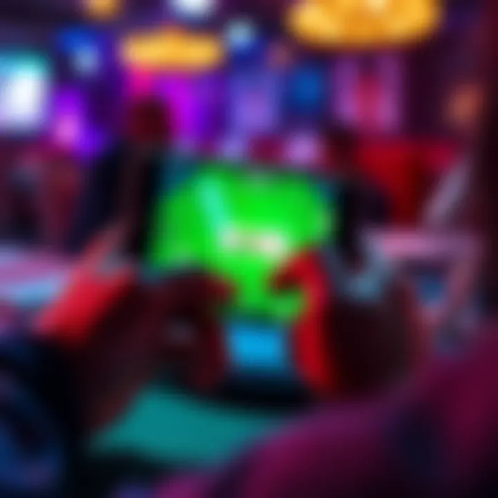 A person using a smartphone to learn GTO poker strategies with app graphics visible on the screen.