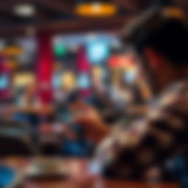 A person using a smartphone to study poker strategies while sitting at a cafe table with a coffee