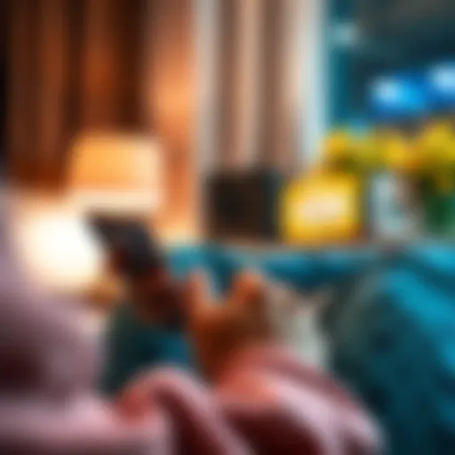 A person playing mobile pokies on a smartphone while relaxing at home