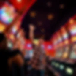 Players celebrating big slot wins at Mohegan Sun Casino with bright lights and slot machines in the background.