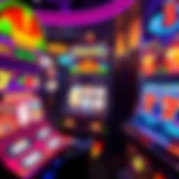 A vibrant slot machine at Mohegan Sun, featuring bright lights and symbols like fruits and lucky sevens.