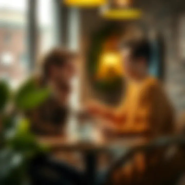 A warm scene showing a couple sharing a small, sweet moment in a cozy café, smiling at each other over coffee.