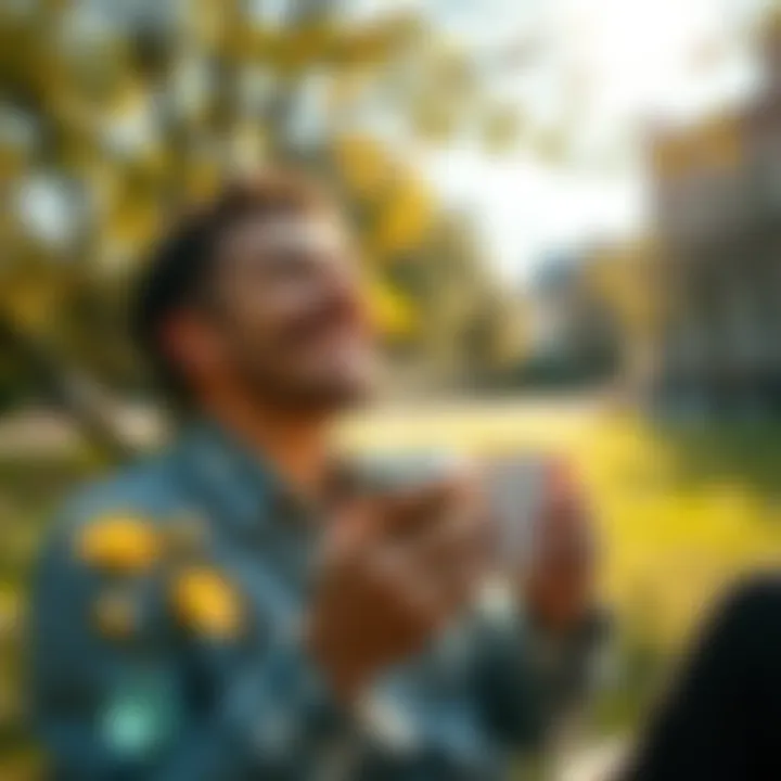 Moments of Joy A person enjoying a cup of coffee in a sunny park, smiling with closed eyes, surrounded by nature.