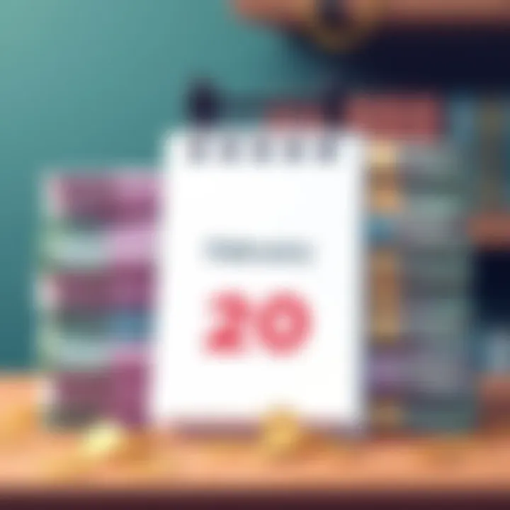 An illustration showing stacks of cash with a calendar marked on February 20, indicating the date for bonus payments.