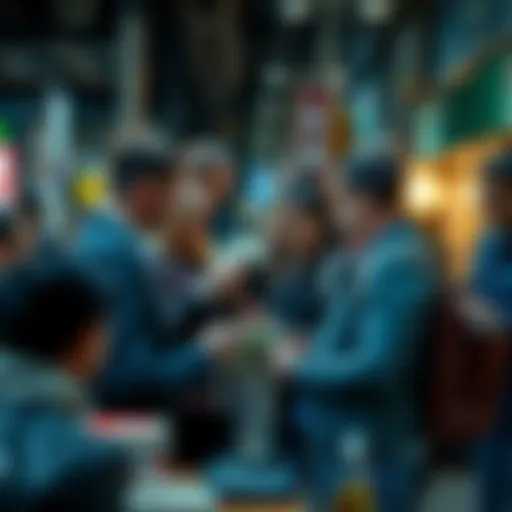 A group of people exchanging cash and discussing finances in a busy urban setting