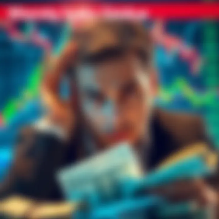 Money Losing Value A person looking concerned at bills and stock charts, symbolizing financial struggles.