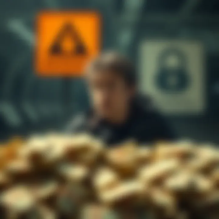 A person looking at a pile of cash, while a warning sign is in the background, indicating potential risks.
