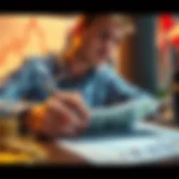 A person analyzing financial charts with money being counted on the table.