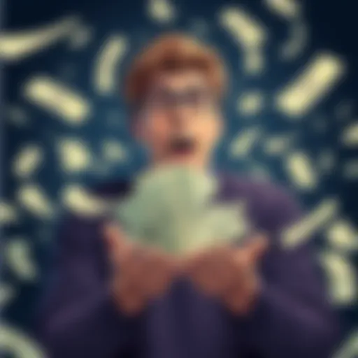 A person holding a handful of cash, looking surprised by the flow of money around them, symbolizing the idea of easy money.
