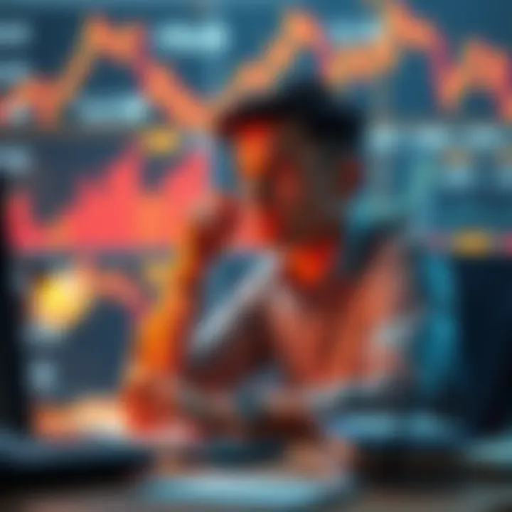 A person sitting at a desk, pondering whether to keep or withdraw money, with financial charts in the background