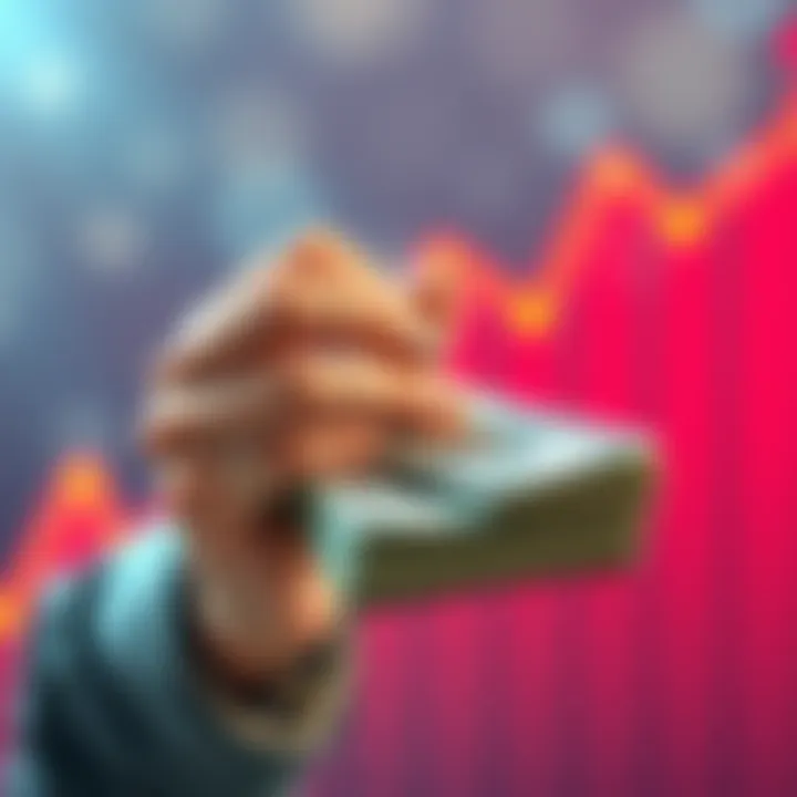 A person holding a stack of cash with a backdrop of rising graphs symbolizing financial growth.