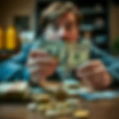 A person holding a 5 dollar bill with a surprised expression, surrounded by other cash and coins on a table.