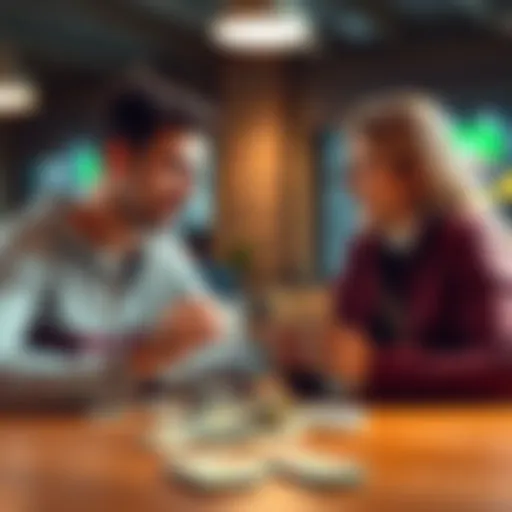 Two friends discussing money with cash on the table after a betting win