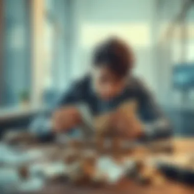 A person counting money with a worried expression, sitting at a table filled with bills and coins, symbolizing financial management challenges.