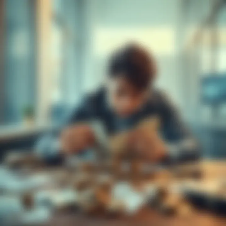 A person counting money with a worried expression, sitting at a table filled with bills and coins, symbolizing financial management challenges.