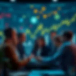 A group of people discussing financial trends, showing money symbols and graphs in the background.
