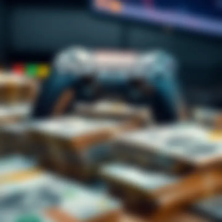 A close-up of a game controller next to stacks of money, representing investment in gaming.