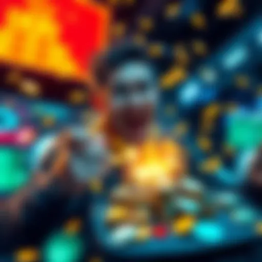 A player is excitedly discovering a money glitch in a video game, surrounded by virtual coins and cash.