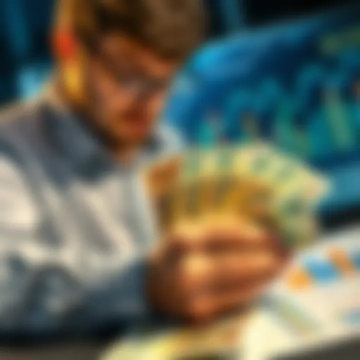 Person analyzing financial options with 50,000 Euro cash and charts
