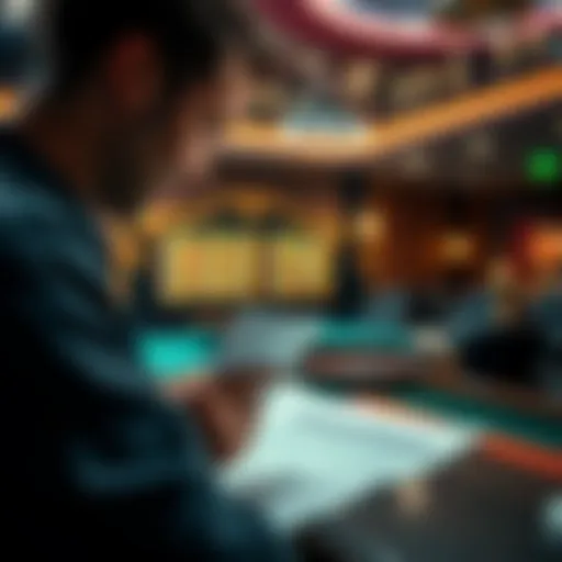 A person looking at a budget plan while avoiding a casino or gambling table in the background.