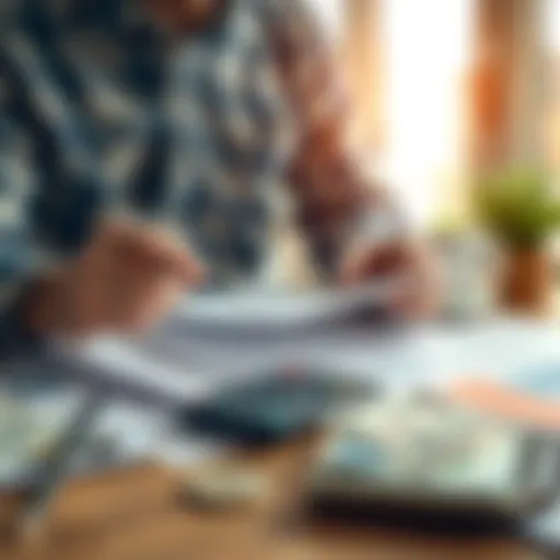 A person reviewing financial documents and planning their budget with cash and calculator on a table.