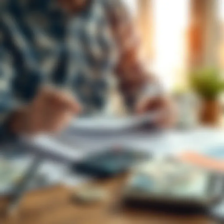 A person reviewing financial documents and planning their budget with cash and calculator on a table.