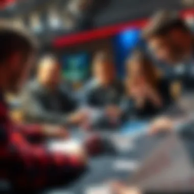 A group of people discussing bankroll strategies at a table with cards and chips