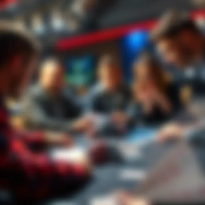 A group of people discussing bankroll strategies at a table with cards and chips