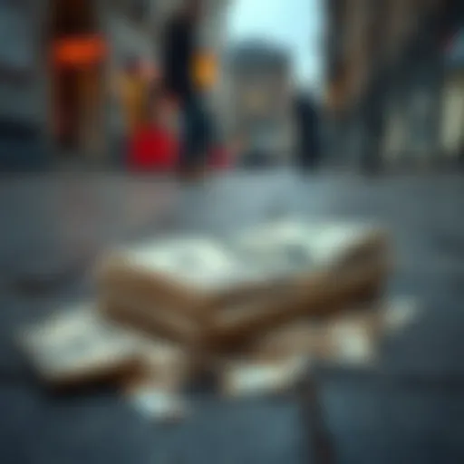 A bundle of cash lying on the pavement with a curious passerby looking at it.