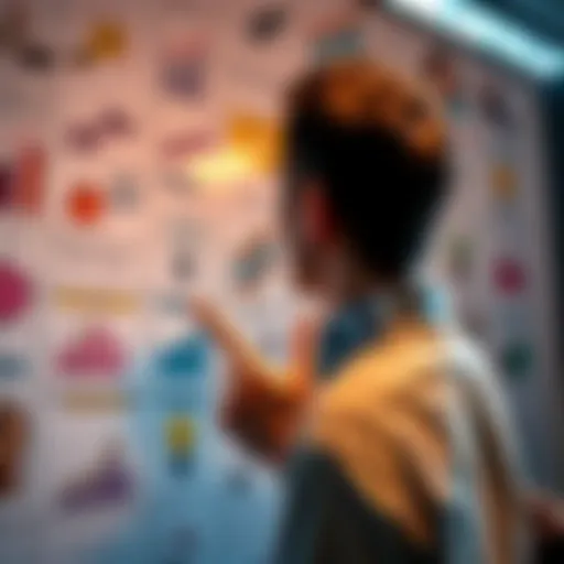 A person looking at various money-making ideas on a board, symbolizing financial growth and opportunities.