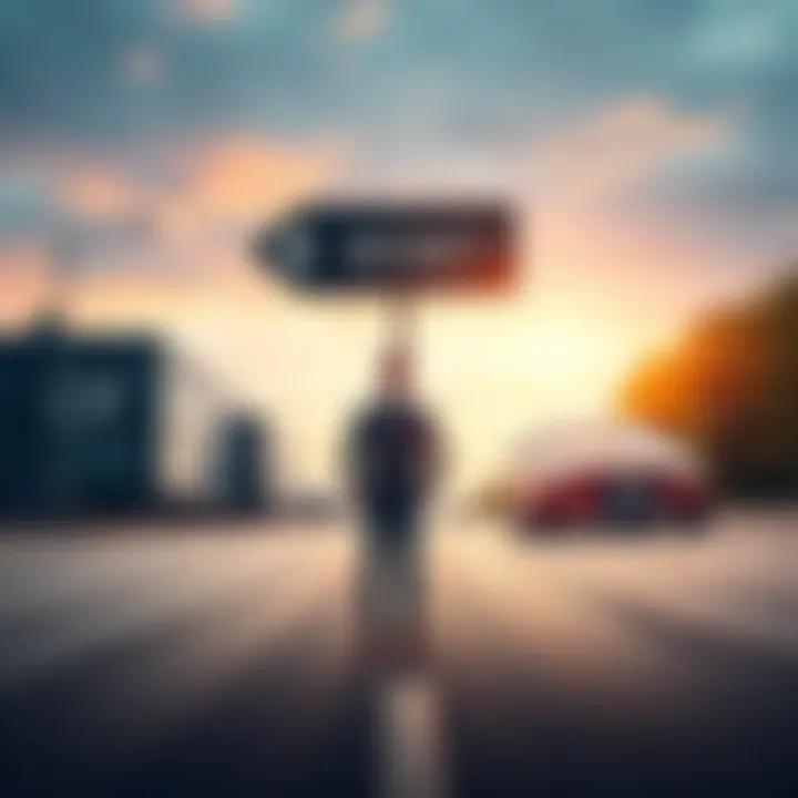 A person standing at a crossroads with a sign showing money on one side and a car on the other, pondering their choice.