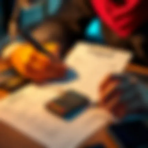 A person filling out a refund request form with a calculator and a stack of money beside them