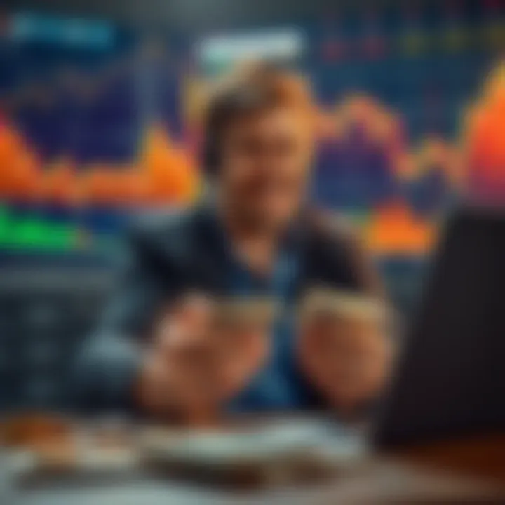 A person counting cash with a laptop and financial charts in the background