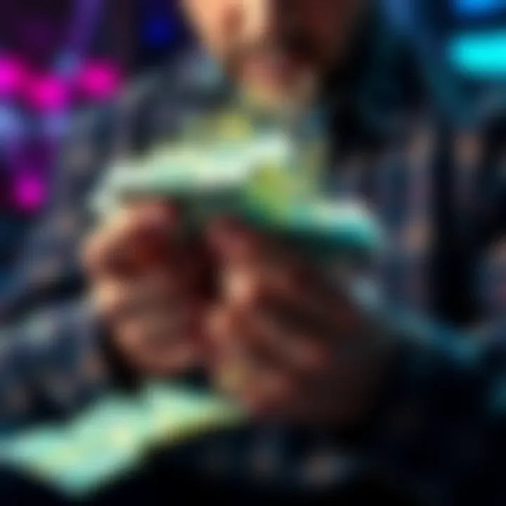 Money Transformation A person counting cash, with a graphical representation of growth from low to high amounts of money, symbolizing turning 100 dollars into 100,000 dollars in seven days.