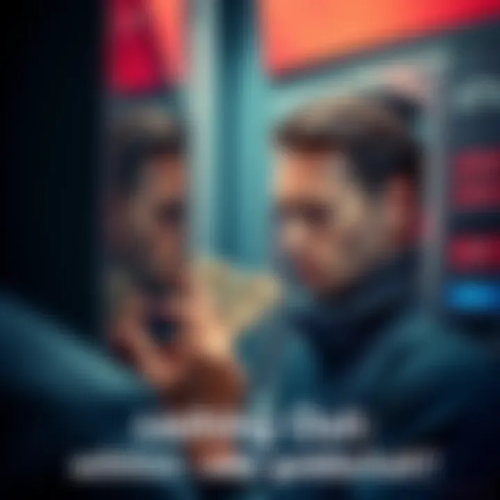 A person contemplating withdrawing cash from an ATM, showing a thoughtful expression while looking at the screen.