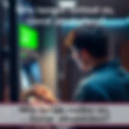 A person at a bank ATM withdrawing cash, looking at the screen for instructions.