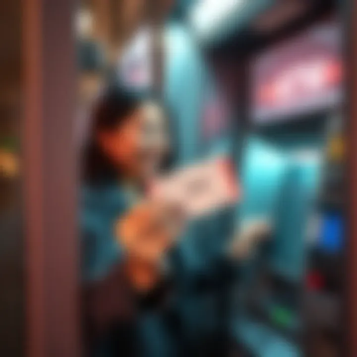 Money withdrawal process A person using an ATM to withdraw cash with a smile, holding a winning ticket in the other hand