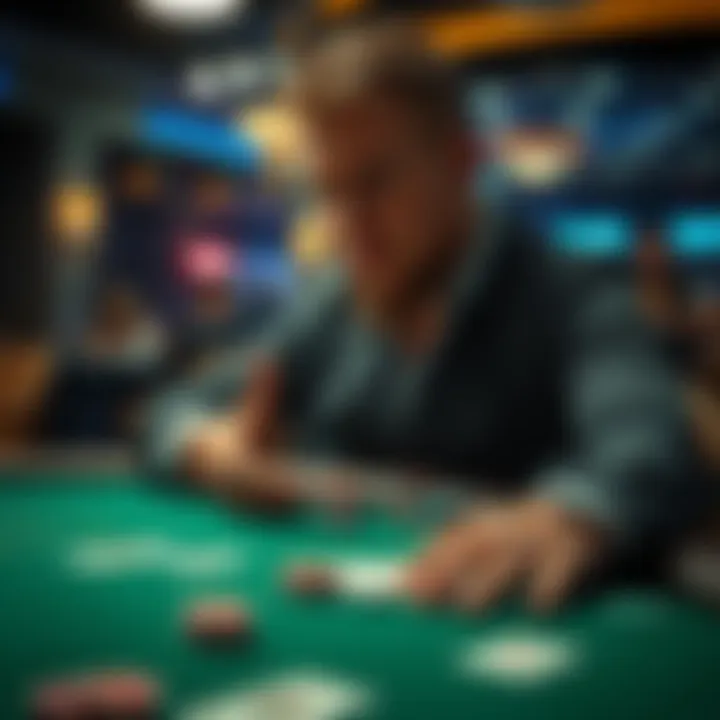 Moneymaker at poker table Moneymaker makes a bold call with a weak hand at a poker table during a critical game moment