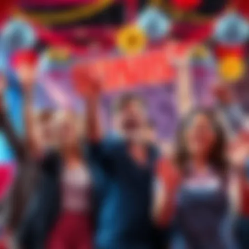 A cheerful group of people celebrating the arrival of bonus payments, with festive decorations and money symbols in the background.