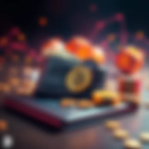 A graphic showing a wallet with cryptocurrency coins and cash, symbolizing monthly crypto rewards.