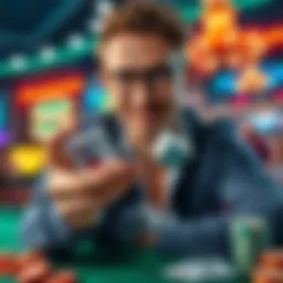 Monthly Gambling Tips A person holding a pair of dice with a confident smile, surrounded by playing cards and a vibrant casino backdrop