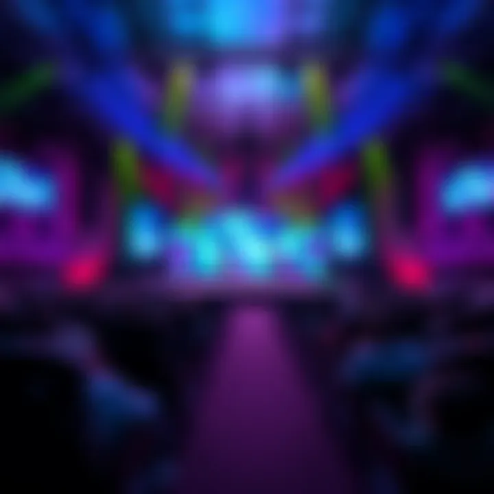 A vibrant stage setup for a monthly show in 2026 with colorful lights and audience seating