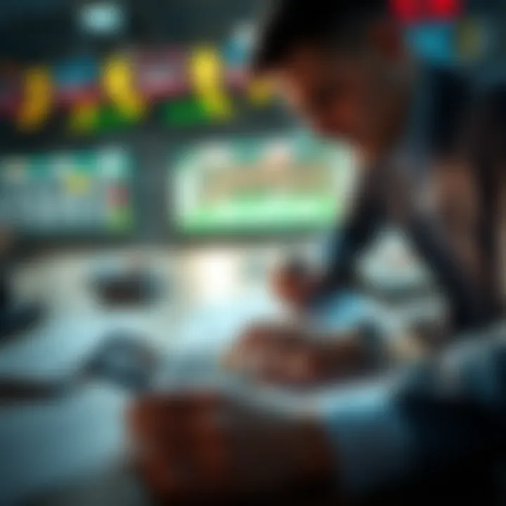 A person analyzing betting strategies with a calculator and betting slips on a table.