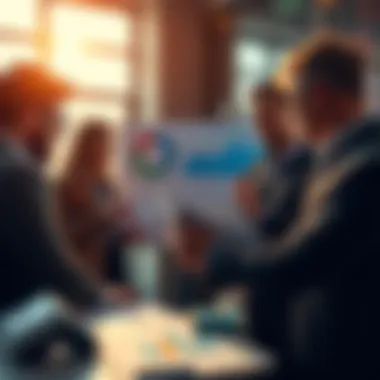 A group of people discussing their estimates for a monthly bonus while looking at charts and graphs.
