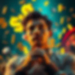 A person contemplating their monthly bonus with dollar signs and casino elements around them, reflecting a Platinum 1 status and a bet of 84000 dollars.